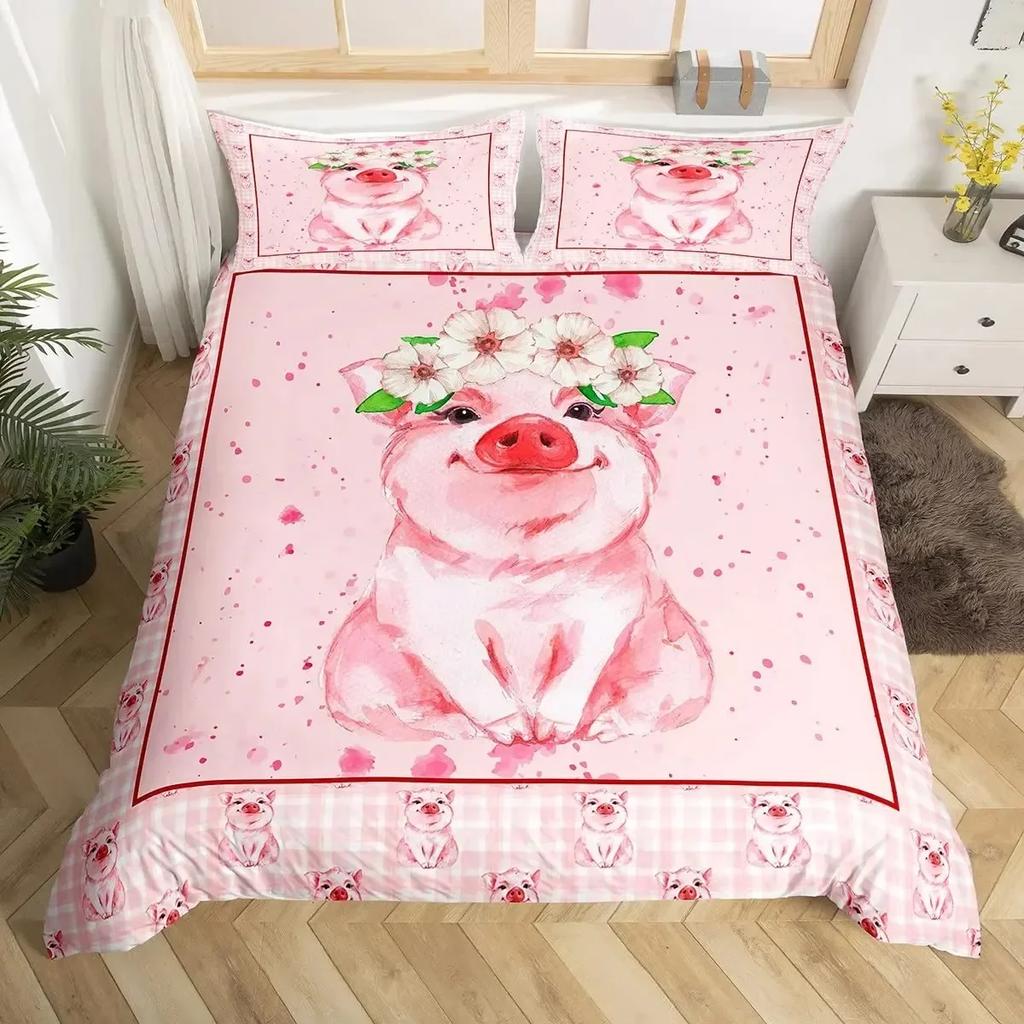 Cute Pig sunflowers Florals Pink Grid Lattice Plaid Comfortable Duvet Quilt Cover Pillowcase Bedding Set Bedroom Home Textile