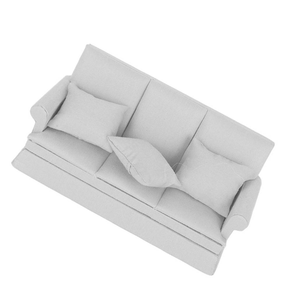 1:12 Doll House Mini Sofa with 3pcs Pillow Living Room Furniture Wooden Doll House Decoration AccessoriesGray