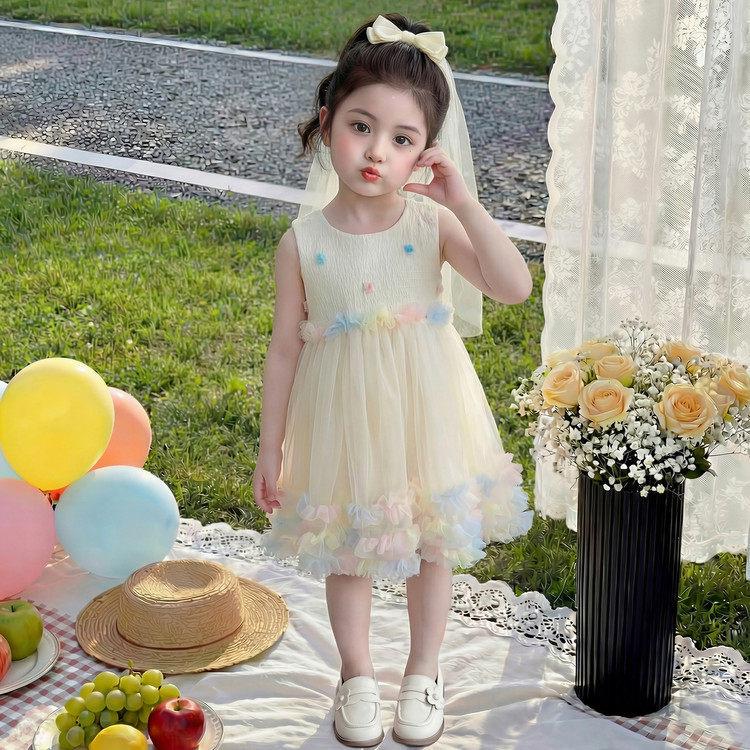 2026 Neues Sommer-Netz-Midikleid im Prinzessinnen-Stil mit flauschigem Rock für Kinderfest-Aufführung