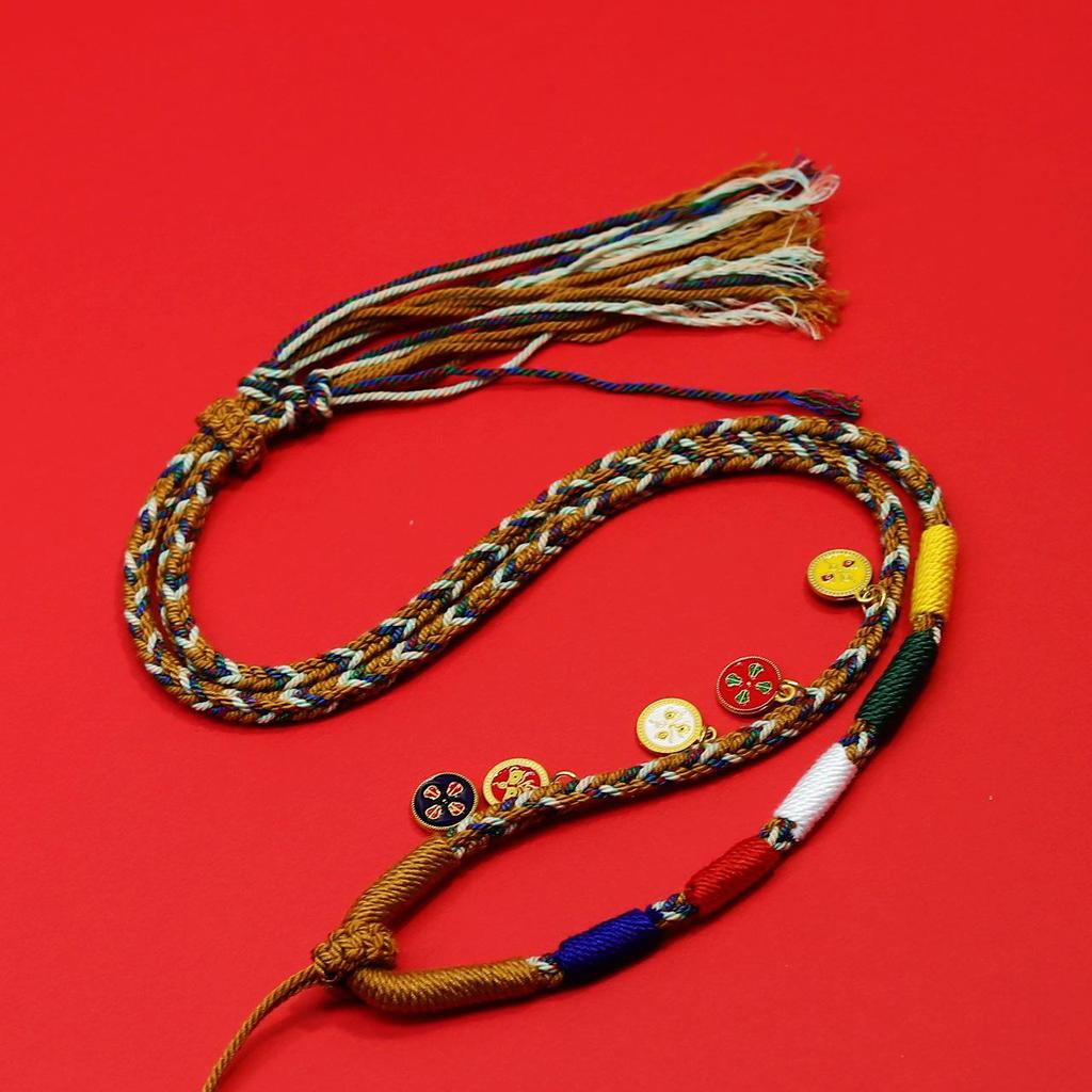 Eight-Strand Tibetan Handmade Necklace: Five Wealth Gods Amulet Pendant Rope with Thangka Hanging.