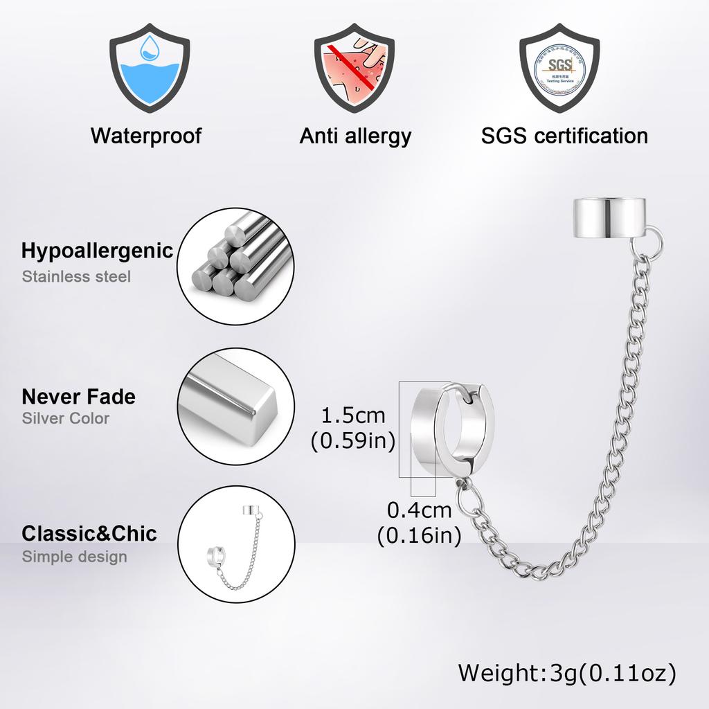 1pc Clip Earrings with Chain Stainless Steel for Women Men Punk Tassel Hoop Ear Cuffs Painless Non Piercing Fake Earring Jewelry