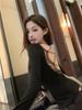 Women's Black Lace Splicing V-Neck Open-Back Long-Sleeve Top for Autumn/Winter