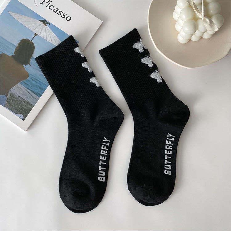Butterfly Women's Spring Mid-Calf Black & White Scrunched Socks - Trendy Street Sport Style