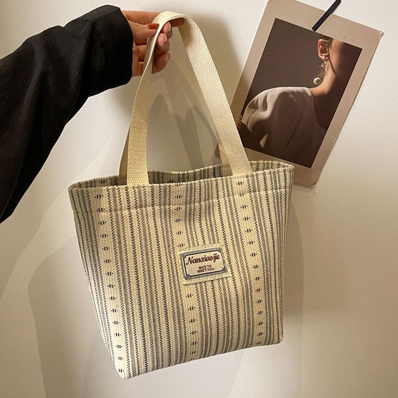 Ins Canvas Bag Women'S  Korean Style Casual Striped Handbag Large Capacity Class Commuting Shoulder Bag