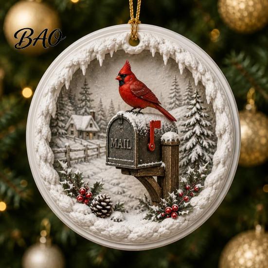 Warm Companionship Winter Decor 2 Pcs Red Bird Christmas Ornaments, 2D Round Acrylic Snowy Scene Thoughtful Presents for Friends Xmas Tree Hanging