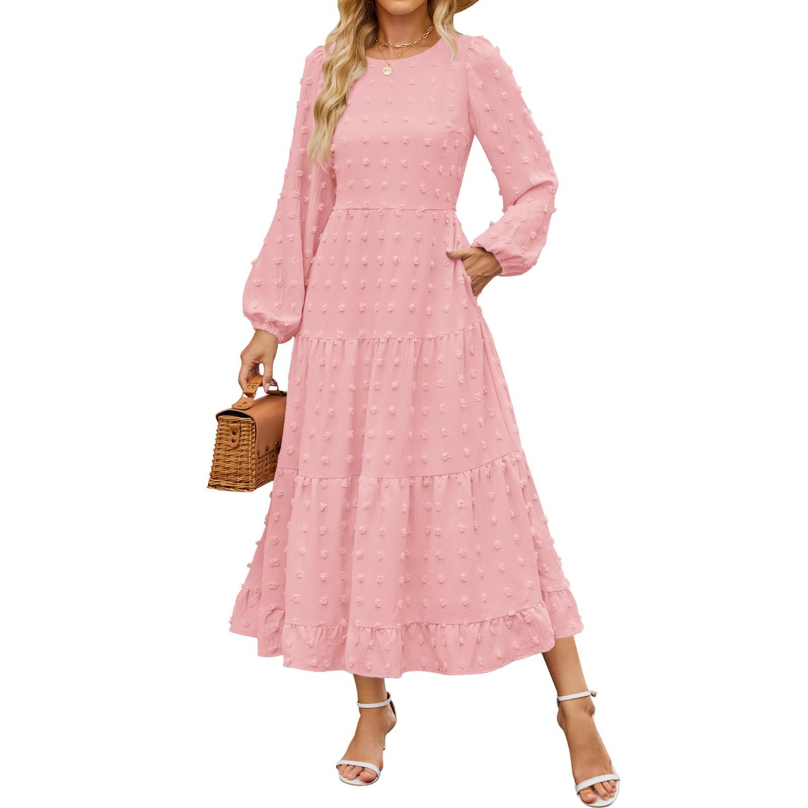 

Women s Casual Round Neck Polka Dot Tiered Long Sleeve Ruffle Pocket Dresses M рожевий