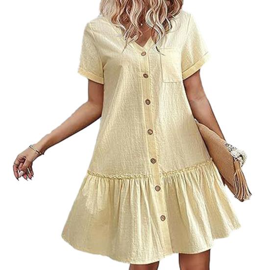 Women's Summer Cotton Linen Midi Dress Casual Short Sleeve V-Neck Button Down Dress Flowy Ruffled A-Line Beach Sundress