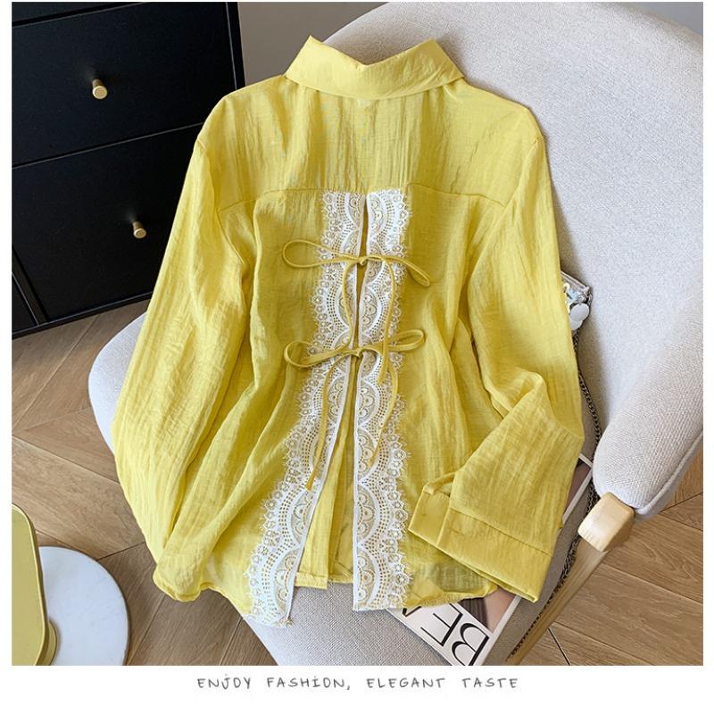 Elegant Back Slit Strap Splicing Lace Sunscreen Shirt Long Sleeved Loose Jacket for Women's Bow Tie Summer Fashion Thin Loose Fit Shirt Sweet Blouse