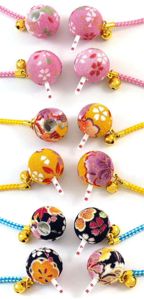 Flower Chirimen Fortune Bell Japanese Chirimen Netsuke Keychain 2 [Zune] (8mm) (3-piece Set) (Indigo, Yamabuki, Sakura)