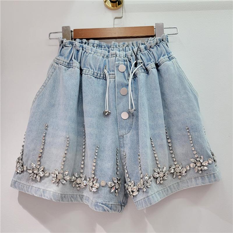 Damen Shorts Jeans Weiter Bein Kurze Hosen Elastischer Bund Knopf Diamanten Vintage Gewaschen Used Sommer Streetwear Denims