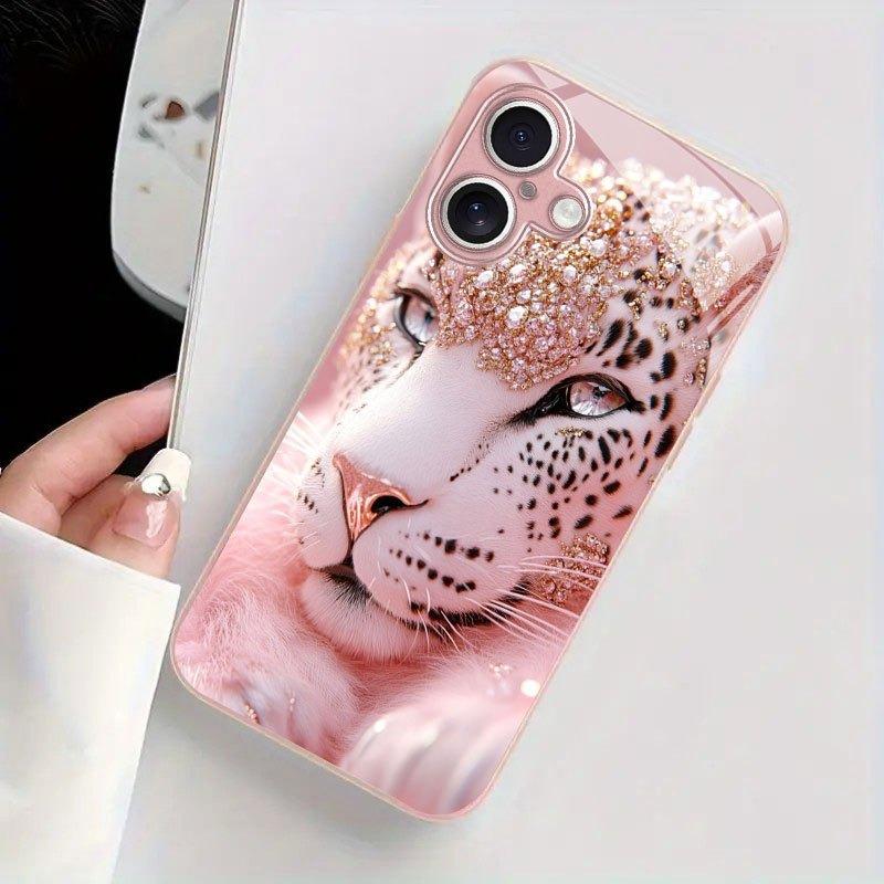 Cute Crystal Leopard Pink Metallic Tempered Glass Phone Case For iPhone 11 12 13 14 15 16 17 Pro Max 15 14 Plus 17 Air 17E Cover