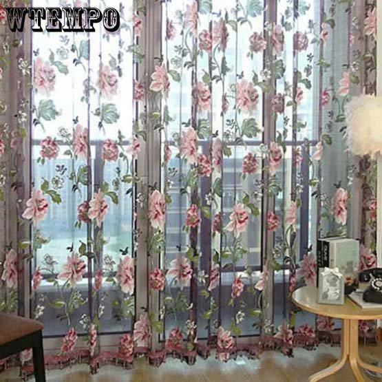 2PCS Pastoral Style Big Peony Custom Window Screen Perforated Finished Curtains with Gauze Living Room Bedroom Balcony Window Decoration Curtains