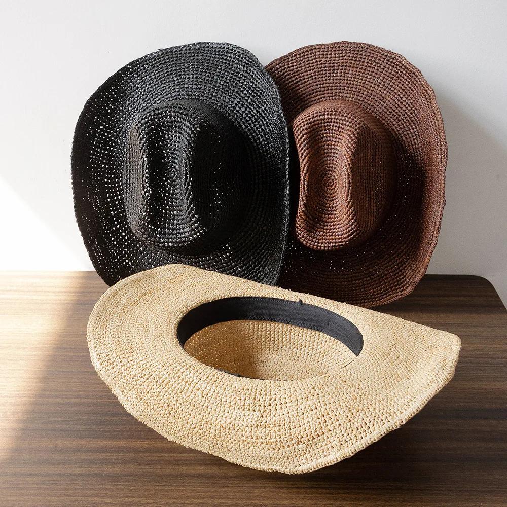 Chapeau de Cowboy en Paille de Raffia Naturel pour Femmes Hommes Été Large Bord Chapeau de Soleil Extérieur Respirant Casquettes de Plage Designer
