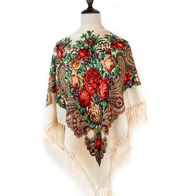 135*135Cm Russian Style Square Scarf For Women Luxury Floral Print Bandana Head Scarves Lades Fringed Shawl Headwraps Foulard