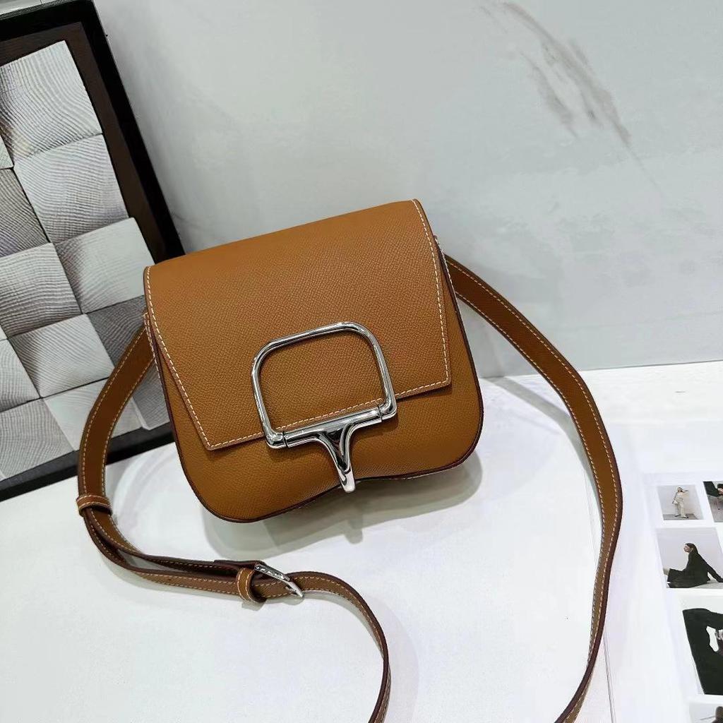Della 2024 Palm Pattern Cowhide Messenger Bag with Silver Buckle