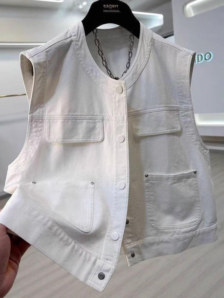 2025 Spring Korean Style Sleeveless Denim Vest – Casual, Versatile, Round Neck Petite Women's Top