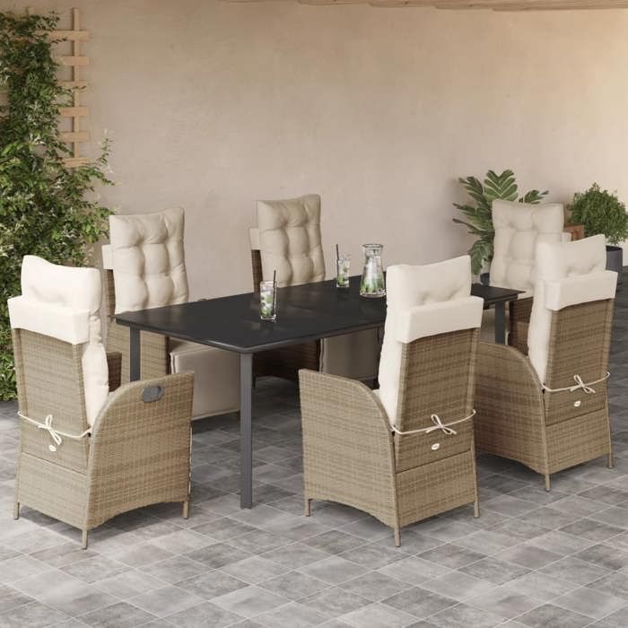 VidaXL Ensemble à Manger de Jardin avec Coussins 7 pcs, Table et Chaises avec Dossier et Repose-pied Réglables, 3213446