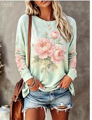 Women Long Sleeve T‑Shirt Vintage Tie‑Dye Rose Bouquet Floral Print Crew Neck Loose Casual Daily Tops