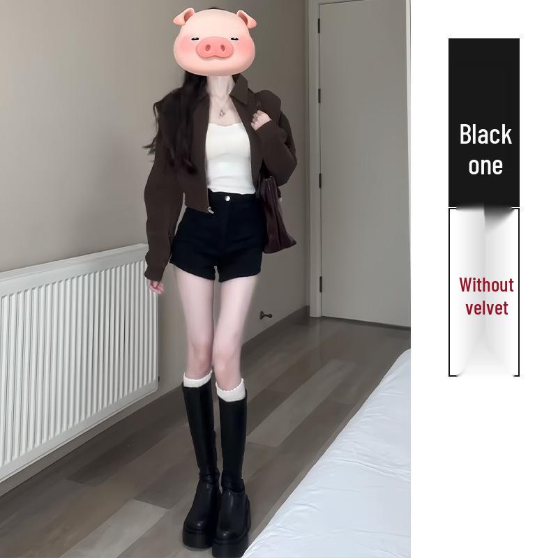 

Женские черные флисовые шорты с высокой талией, облегающие, в стиле Y2K: Облегающие спортивные леггинсы от весны до зимы M (100-109 jin) чёрный