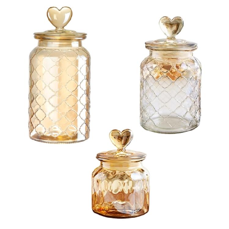 

Pack of 3 Clear Embossed Glass Jars Having Heart Lids Ideal for Organizing Candy Decorative Kitchen Food Container 1