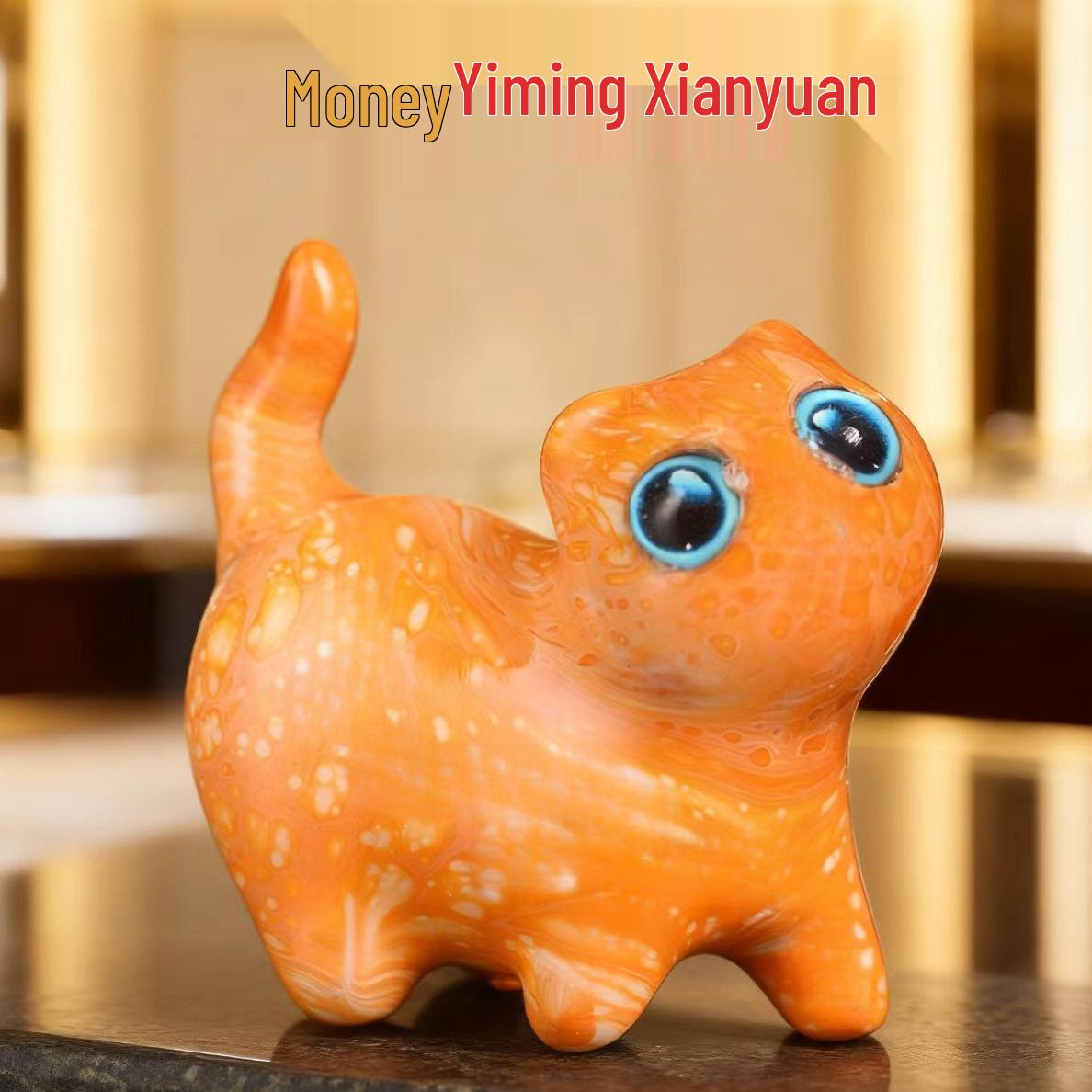 Painted Cute Tilting Head Cat Ornament – Wooden Carving Lacquer Curious Cat Craft.
