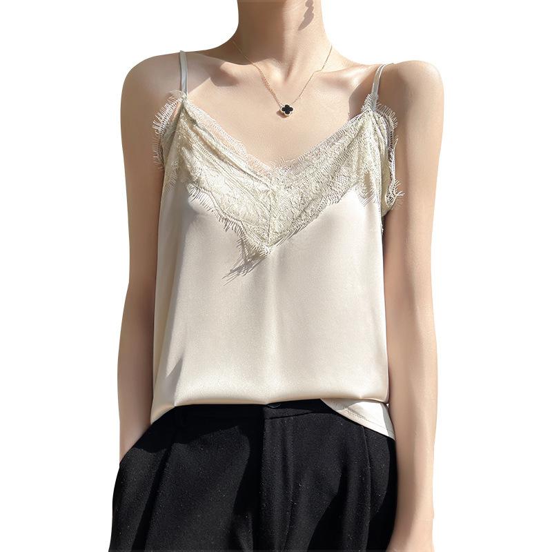 Camisola de seda para mulheres colete verão fino decote em v curto temperamento tops internos