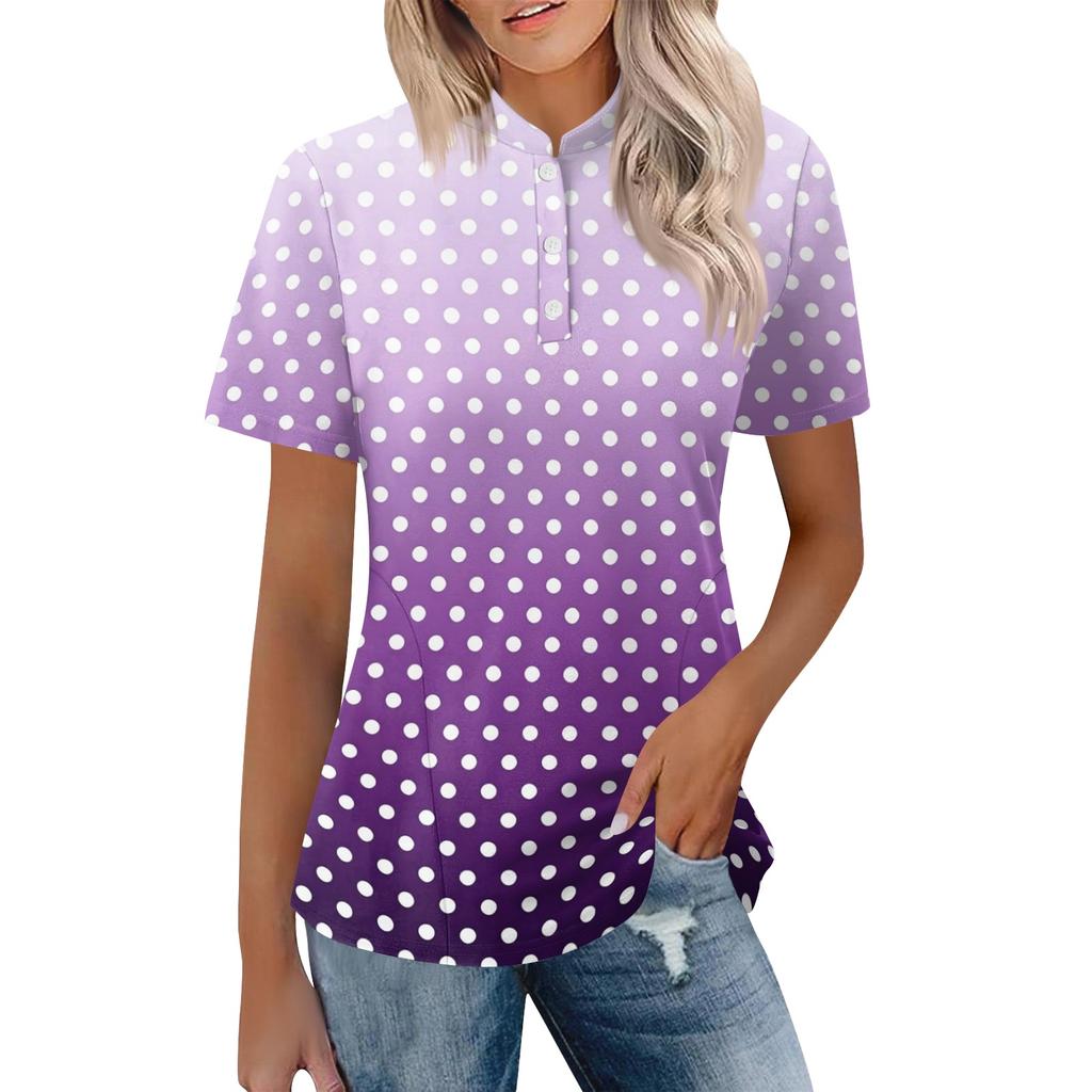 Women Casual Polo Neck Short Sleeve Loose Fit Top Fashionable Pullover Blouse with Button Up Design for Daily Wear