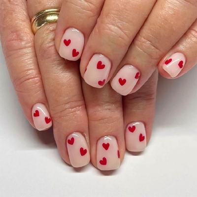 Valentine's Day Press On Nail Heart Short Square False Nail Glossy Finish Acrylic Stick On Nail Manicure 24Pcs