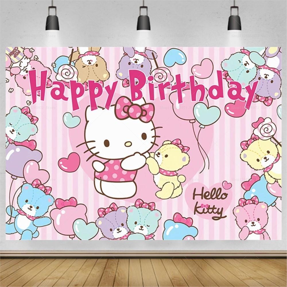 Hello Kitty Happy Birthday Backdrop Cute Pink Cartoon Theme Kids Girls Baby Shower Party Photo Background Banner Decor Supplies