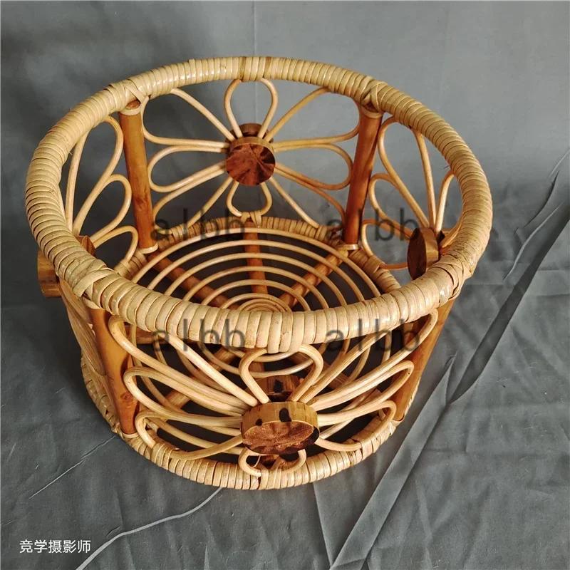 Babyfotografie Posing-Nest Runde Rattan-Geflochtene Korbgriffe Baby-Wickelbehälter Requisiten-Schale Rahmen Studio-Fotozubehör