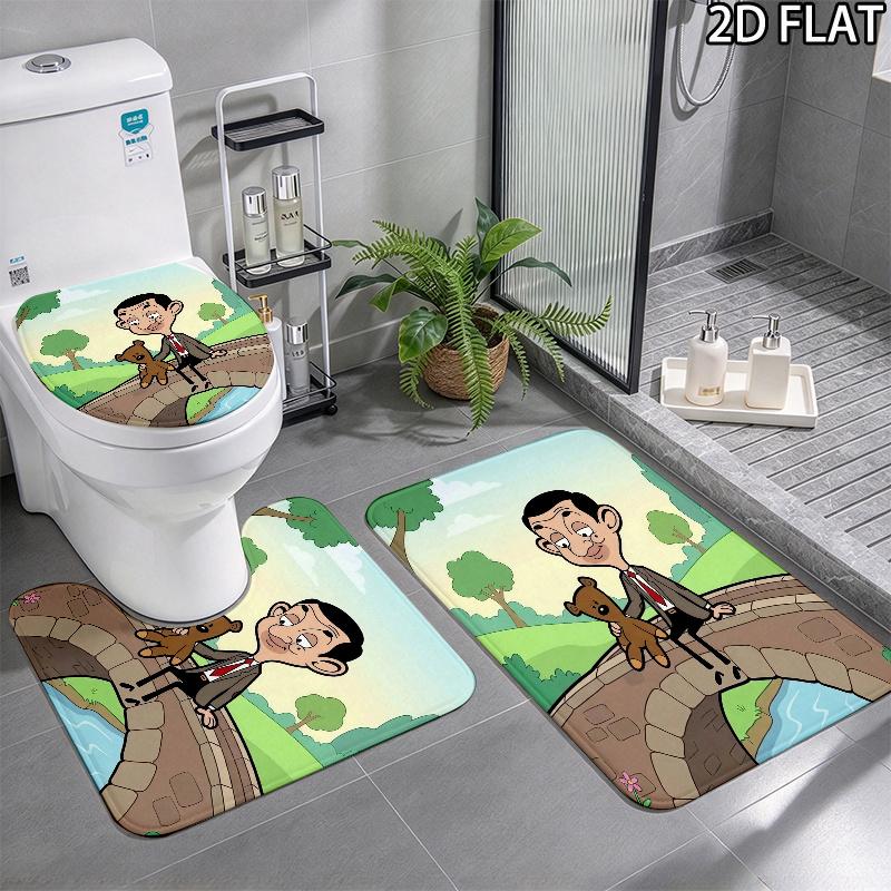 3pcs Mr. Bean Pattern Flannel Nonslip Absorbent Washable Decorative Bathroom Home Toilet Seat Cover Mat