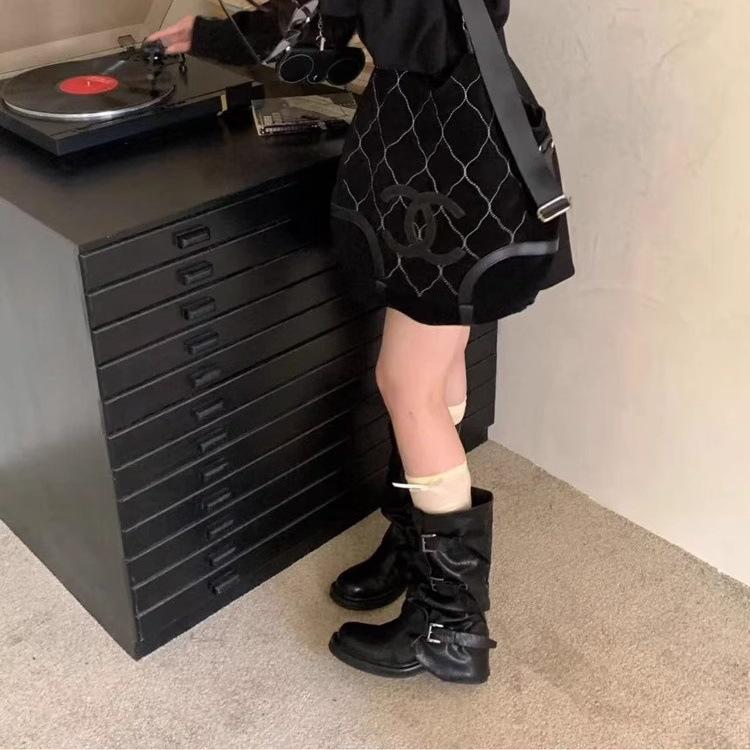 Cowhide Version! Black Trouser Boots European and American Fried Street Round Head Thick Heel Belt Buckle But Knee Fold Tall Knight Boots