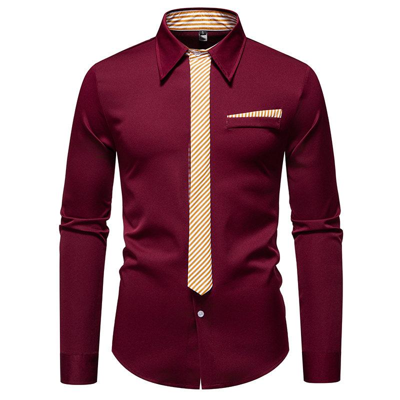 

Autumn Men s Fake Tie Long Sleeve Shirt Men New Fashion Special Design Solid Shirts Male Versatile Casual Social Wedding Party US XXL вино красного