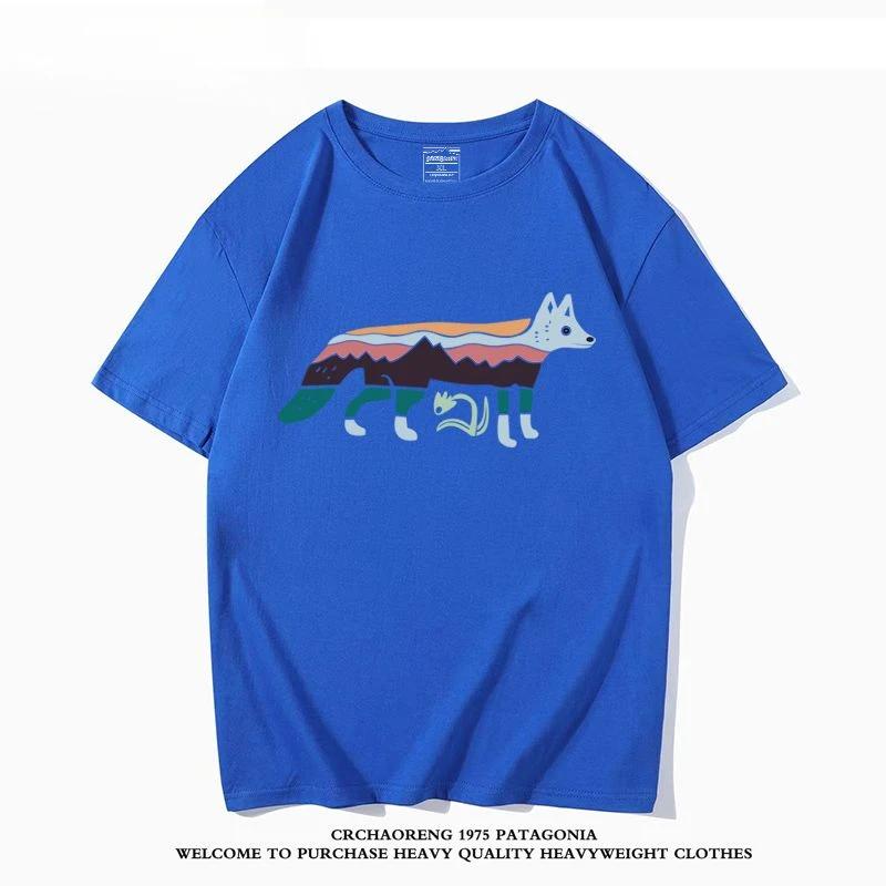 Summer New Bata Outdoor Forest Style Fox Print Round Neck Short Sleeved Men's and Women's Japanese Trend T-shirt for Couples