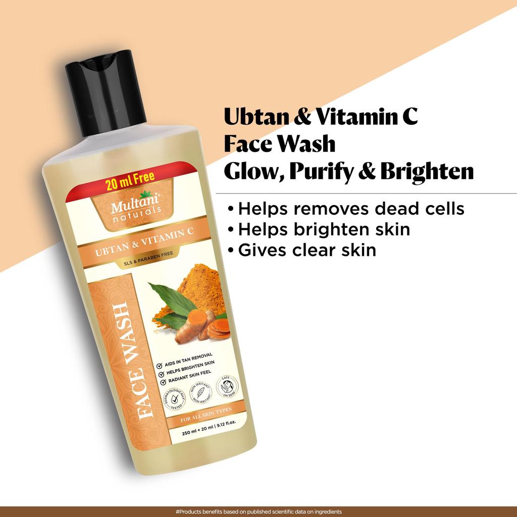 Multani Naturals Ubtan & Vitamin C Face Wash 270ml | Deep Cleansing & Skin Brightening | Removes Dirt, Tan & Excess Oil | Helps Improve Glow & Even