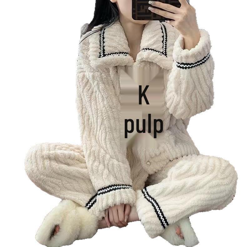 Women's Plus Size Coral Fleece Pajama Set - Plush, Thickened, Warm Lambswool for Autumn/Winter; Wearable Outdoors