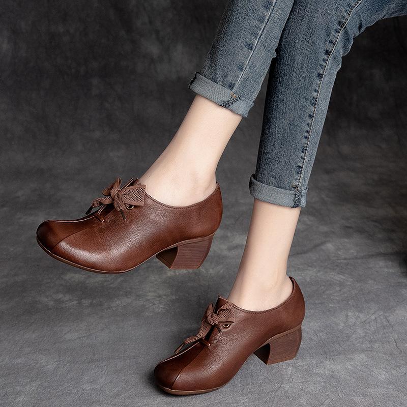 Echte Leder Damen Loafer Klobiger Absatz Schnürung Niedriger Schaft Oxford Schuhe Bequeme Lässige Pumps