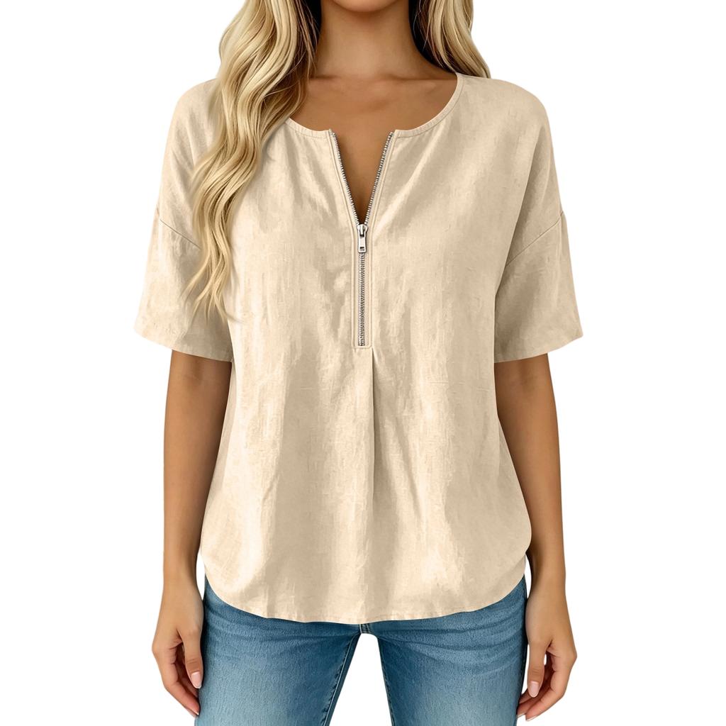 Women's Casual Solid Color Pullover Top Short Sleeve Loose Fit Round Neck with Front Zipper Lightweight Blouse for Everyday Wear