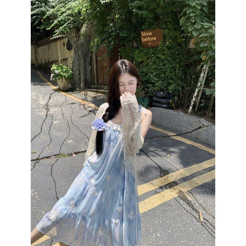 Kumikumi Gentle Suit Women's Three-Dimensional Flower Sling Dress Summer Tassel Sun-Proof Outwear Two-piece Set