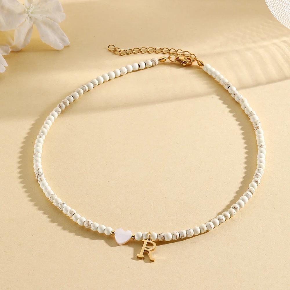 Bohemian Choker neck Initial necklaces heart-shaped shell letter pendant beads Women's stainless steel necklace woman trend2025