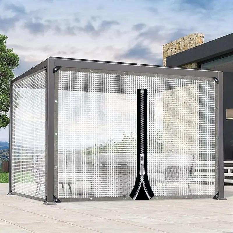 0.35MM Mesh Reinforced PE Tarpaulin with Zipper Pergolas Gazebo Waterproof Screen Patio Enclosure Tent Rainproof Curtain