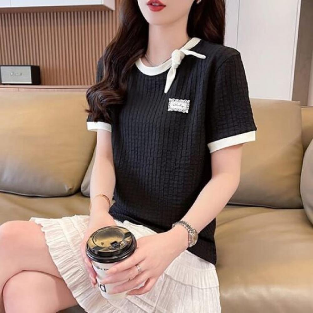 Navava Women S Color Blocked Ribbon Round Neck ShorT Sleeve T ShirT nT2800