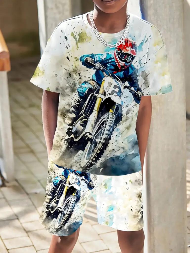 Ensembles pour Enfants Impression Moto Ensemble Haut et Bas d'Été pour Enfants Vêtements d'Extérieur Décontractés Confortables pour Enfants