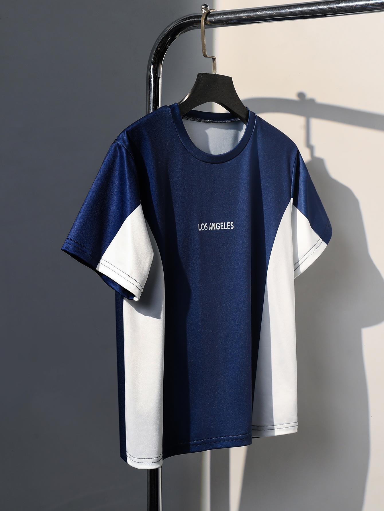 Boys Casual & Athletic Short-Sleeve T-Shirt — American Streetwear Style with Letter Print and Contrast Design (Spring/Summer) 8Y синий