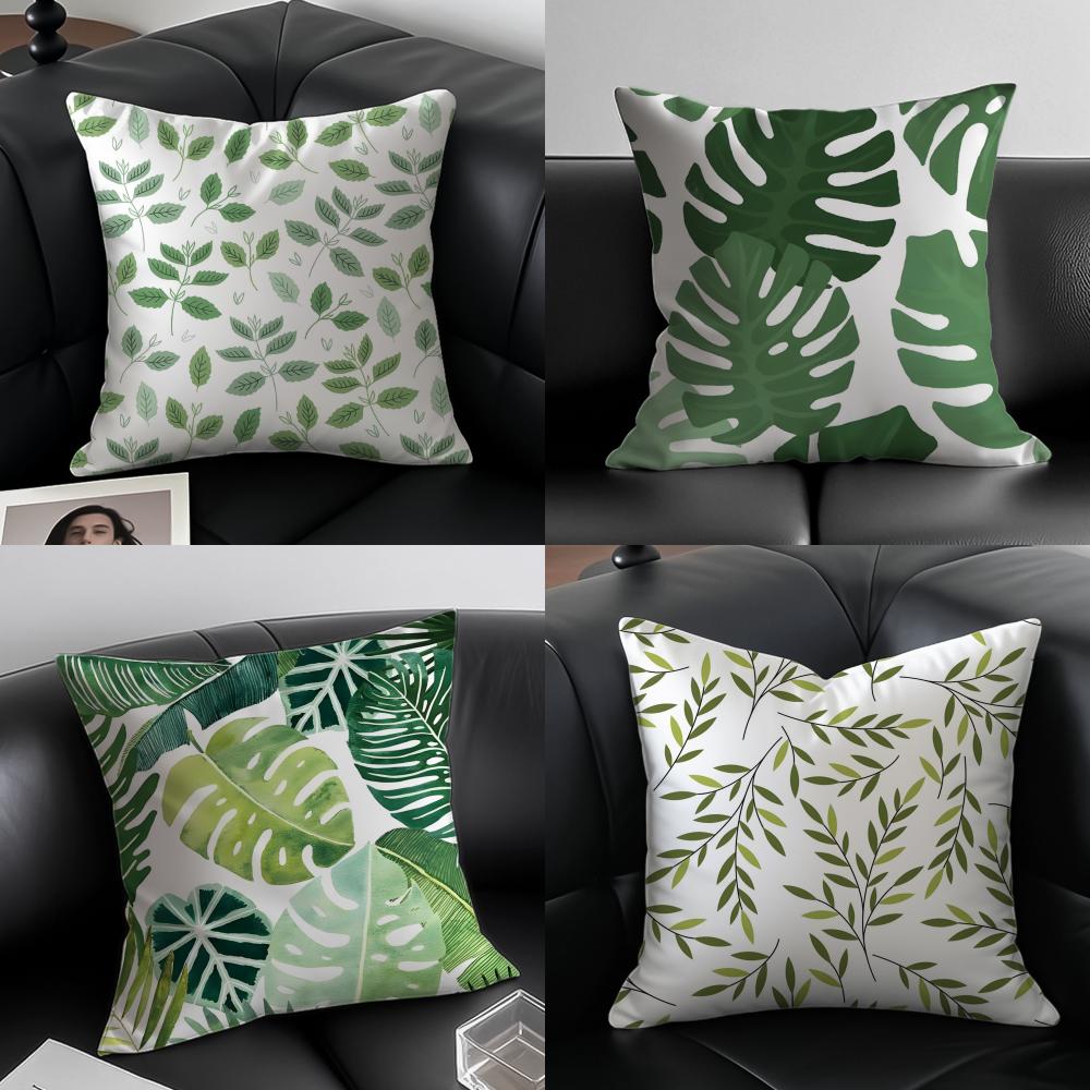 Modern Green Leaf Pillow Natural Style Cushion Cover Pillow Case Anti-Dustmite Invisible Zipper Silky Plush Cushion