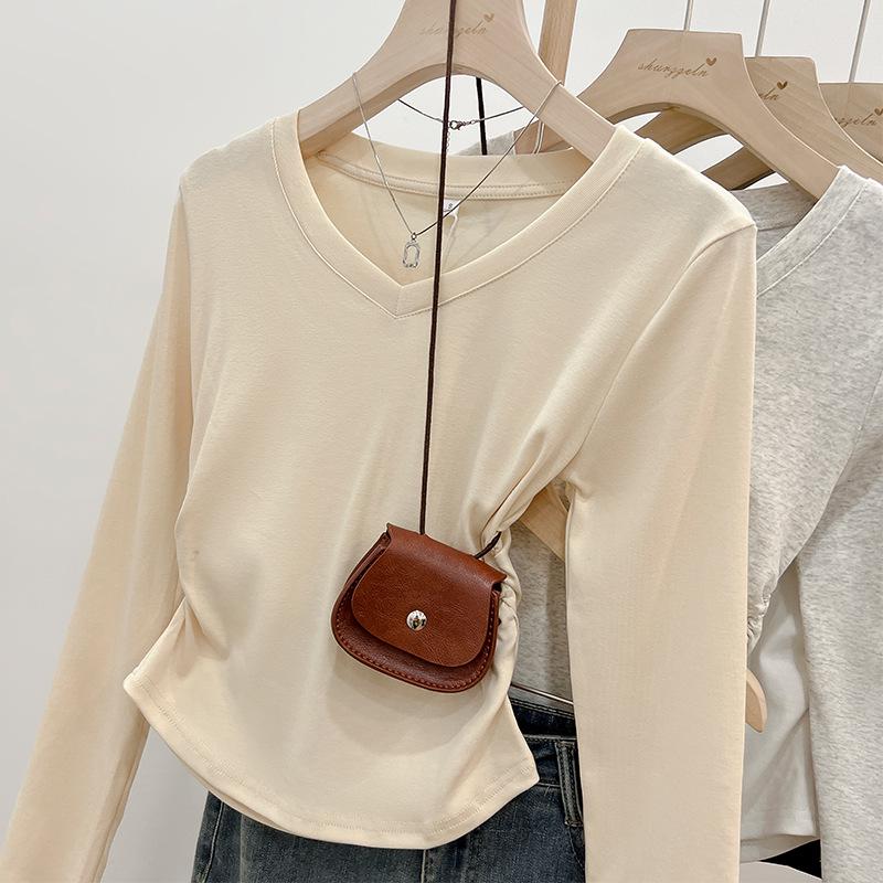 Damen V-Ausschnitt Slim-Fit Langarm-T-Shirt, Neuer Frühling/Herbst Stil mit Raffung an der Taille, Schickes Hot Girl Top, Vielseitiges Basic-Shirt.