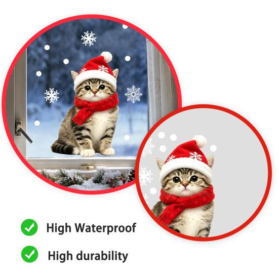 Durable Holiday Window Stickers Christmas Animal Static Clings, Cute Cat/Puppy/Racoon Stickers, PVC Winter Home Accents Waterproof Glass Sticker