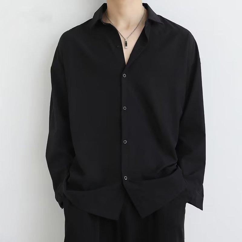 

Men s Solid Color Long Sleeve Button Down Shirt Casual Loose Fit Streetwear Top S чёрный