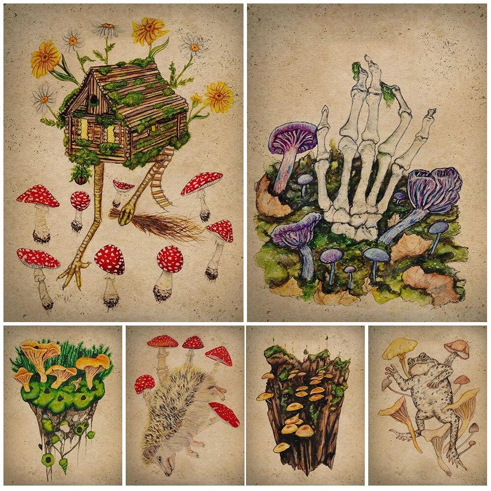 

Мухомор Мускария Гриб и Жаба Винтаж Настенное Искусство Холст Картина Причудливая Лесная Ведьма Искусство Плакат Принт Декор Без Рамки