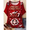 Vintage Holiday Snowflake Elements Cute Cartoon Santa Lady Large Size Loose Holiday Crew Collar Short Sleeve T-Shirt Top